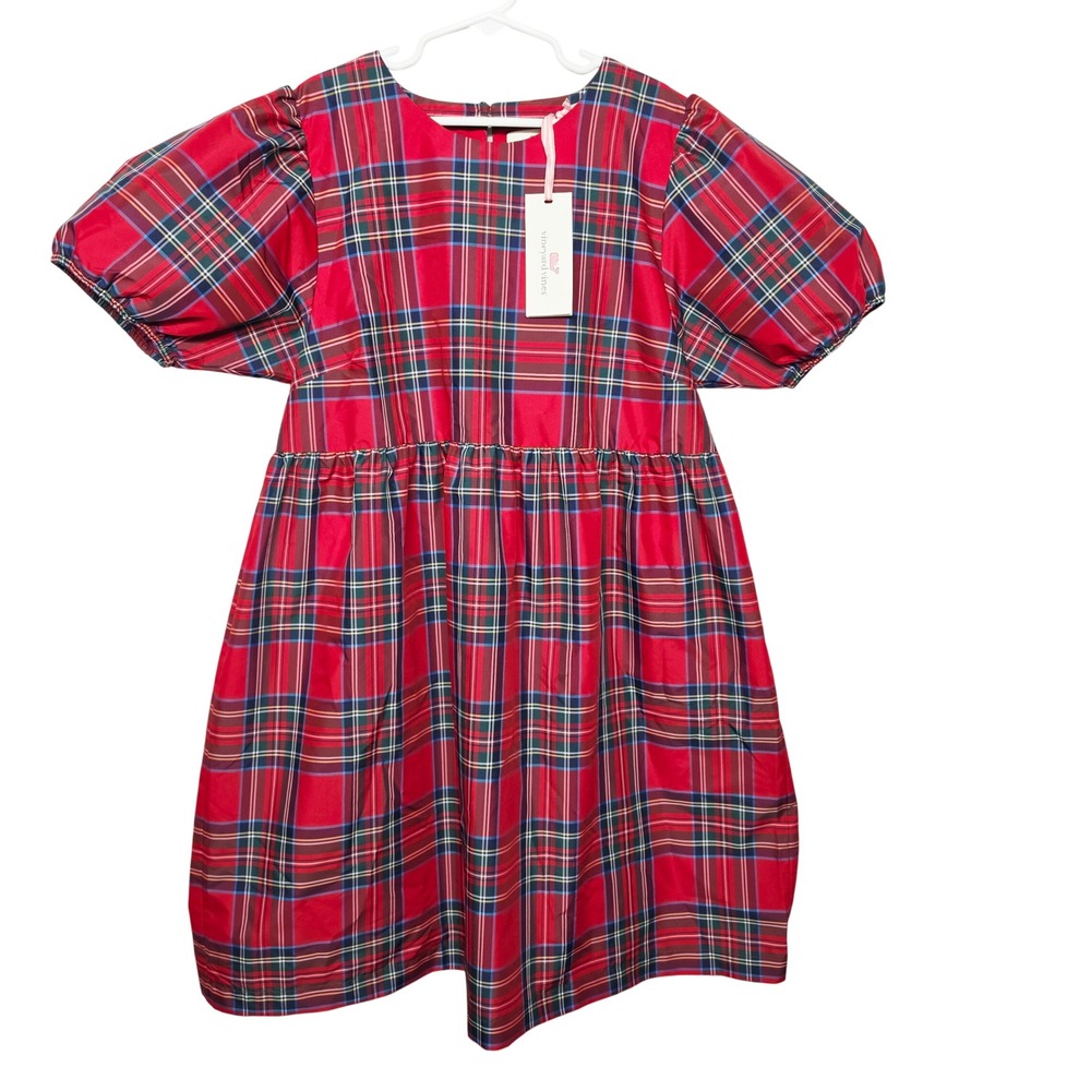 Vineyard Vines Taffeta Puff Sleeve Dress Girls L Red Royal Stewart Plaid NWT
